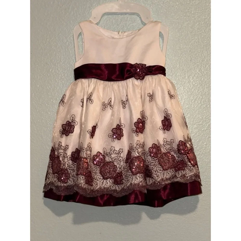 Princess Faith Dress Girls 24M Sleeveless Floral Sequin Party Burgundy Bow NWOT